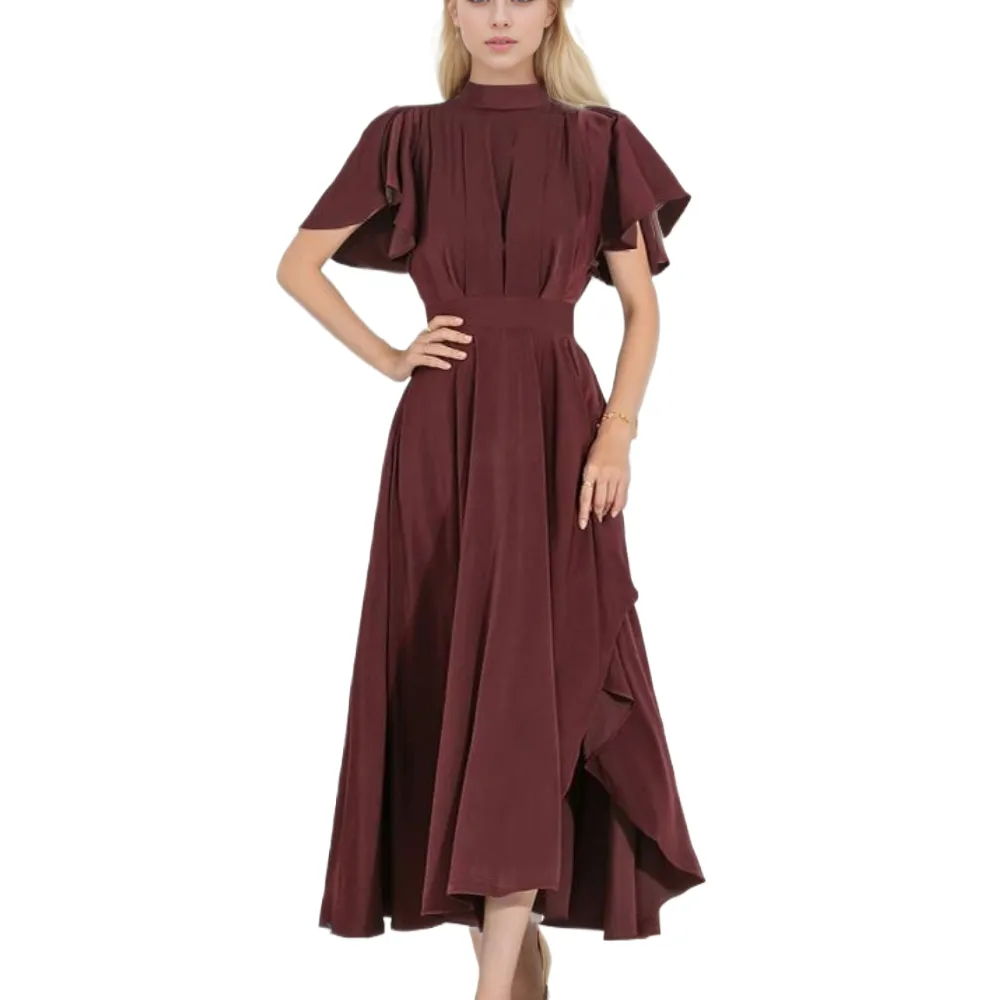 Vestido de carreira feminino elegante personalizado, vestido midi casual de seda com babado para escritório e negócios, casual, casual, com babado de seda