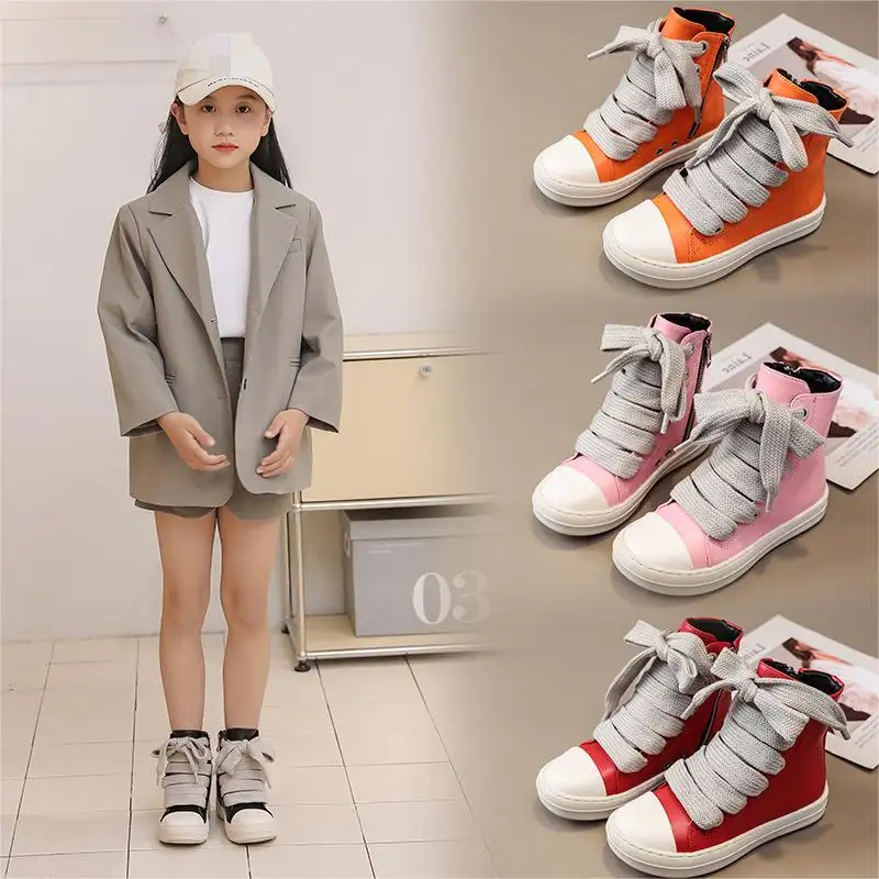 2023 nueva moda invierno niños pequeños niñas zapatos de suela gruesa con cordones Pu cuero pantalón zapatos 27-37 #