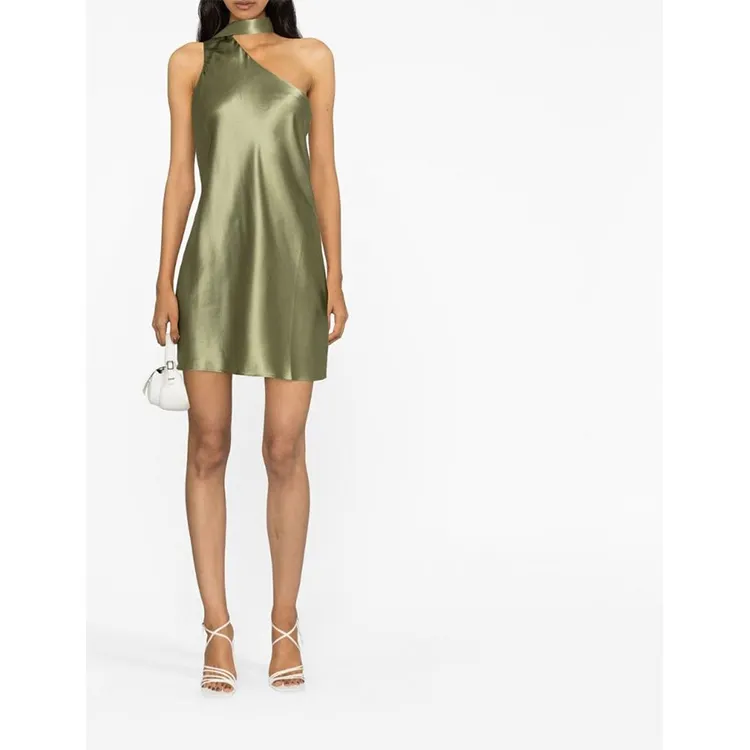 Vestido de satén verde del ejército para mujer, vestido recto de un hombro halter sin mangas, sexi