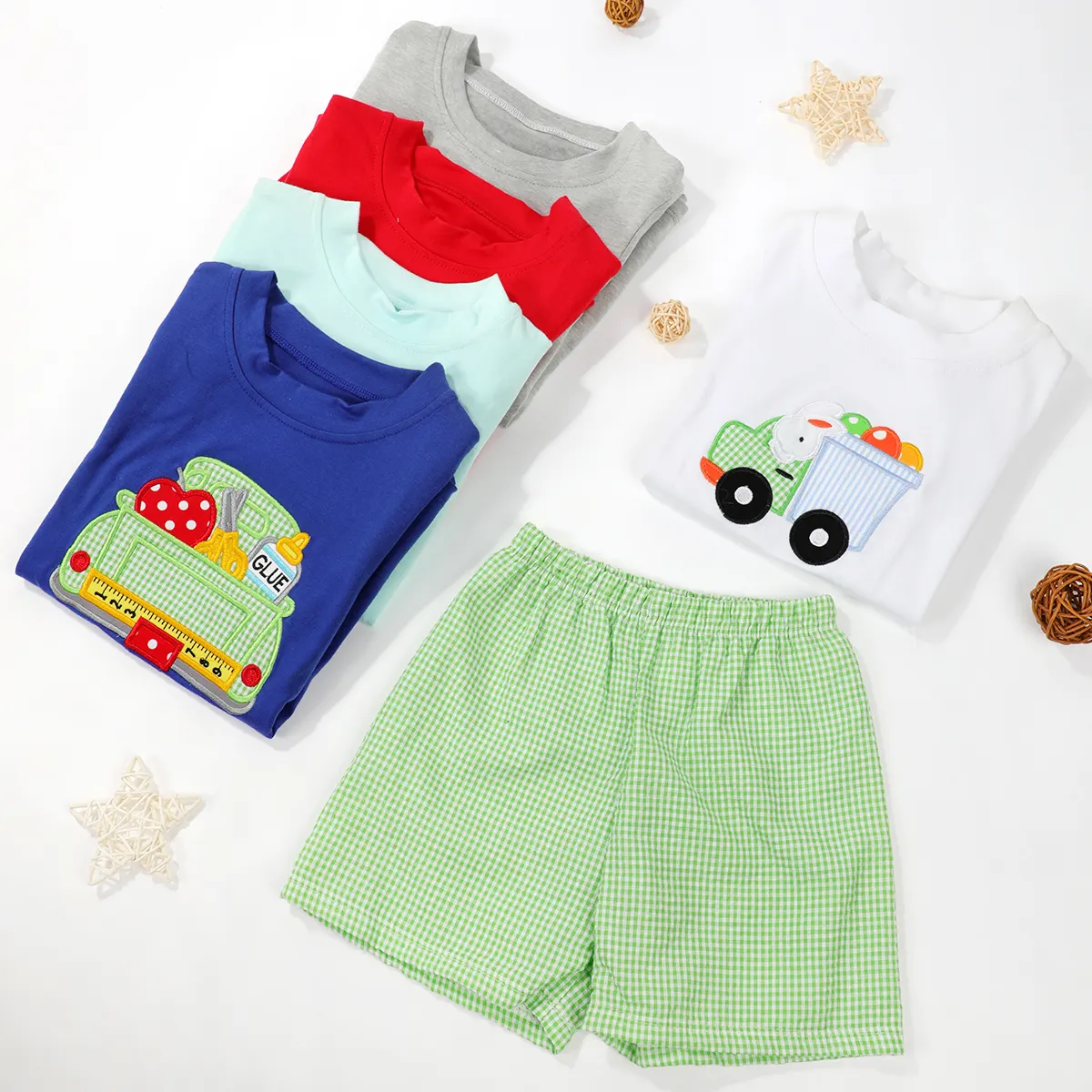 Puresun 2024 Custom Applique Cartoon Boy Clothing Sets Kids Street Wear 2pcs shorts Sets for summer