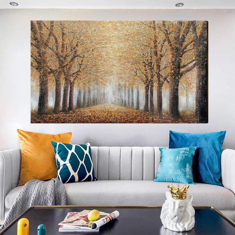 لوحة زيتية مرسومة يدويًا لغابة شجرة جدارية كبيرة مؤطرة بستان أصفر لوحة فنية مناظر طبيعية على قماش ديكور جداري لغرفة المعيشة