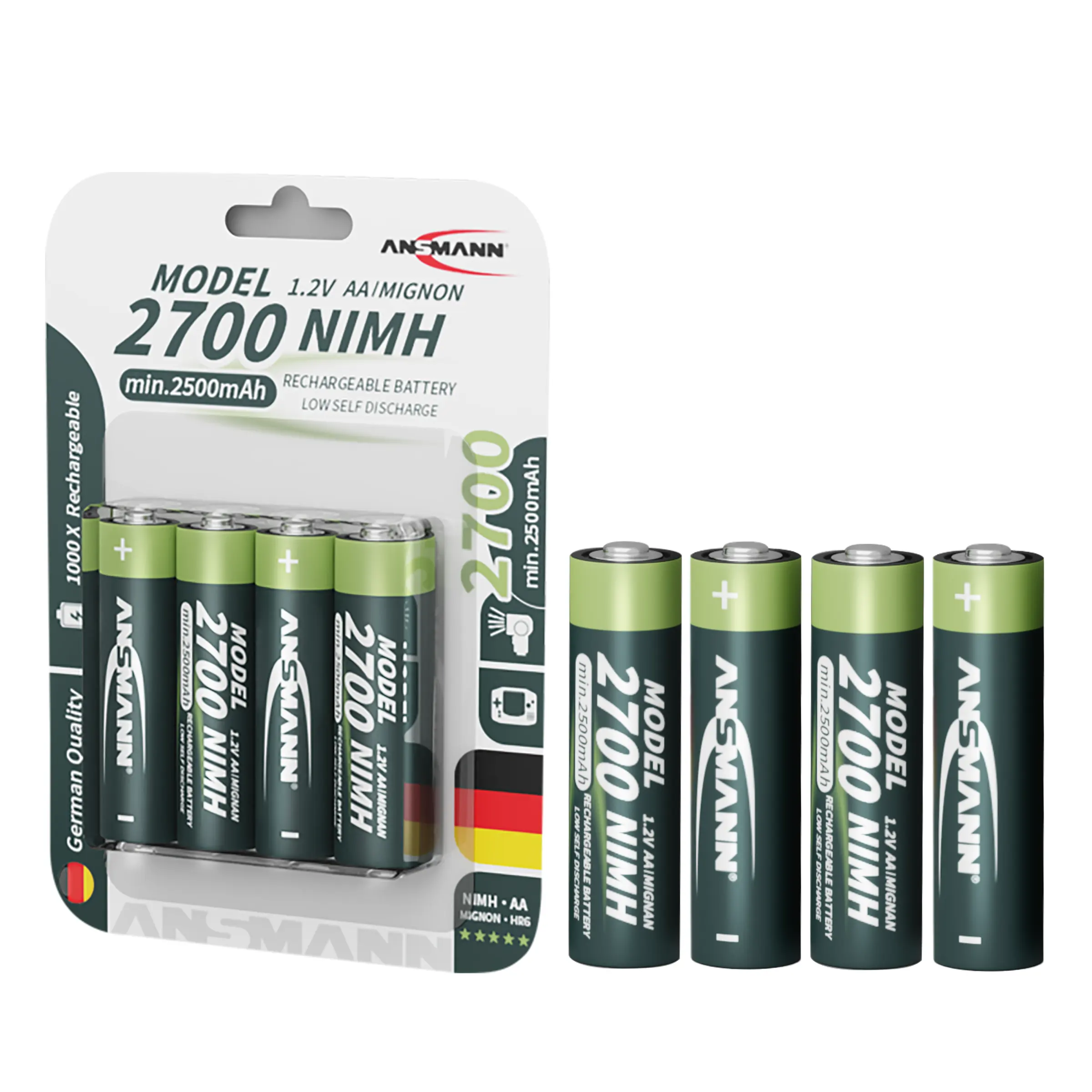 Kualitas Jerman Ansmann merek 1.2v ni-mh 2700mah aa baterai isi ulang untuk produsen baterai mobil RC nimh isi ulang terbaik