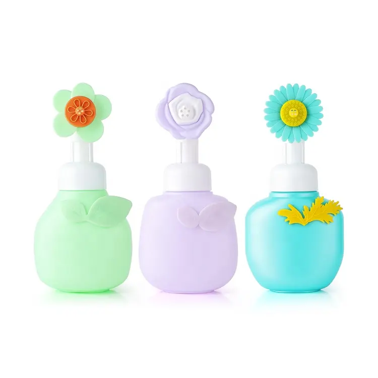 Botella de espuma con forma de flor de plástico HDPE, bonito diseño, 180ml, 350ml, bomba de espuma para lavar las manos, botella de espuma de jabón líquido
