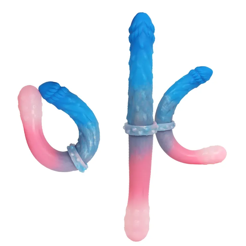 Dildo di gomma di piacere di massaggio della vagina delle donne del giocattolo del sesso del porno del silicone rosa blu a doppia estremità per i masturbatori femminili maschili