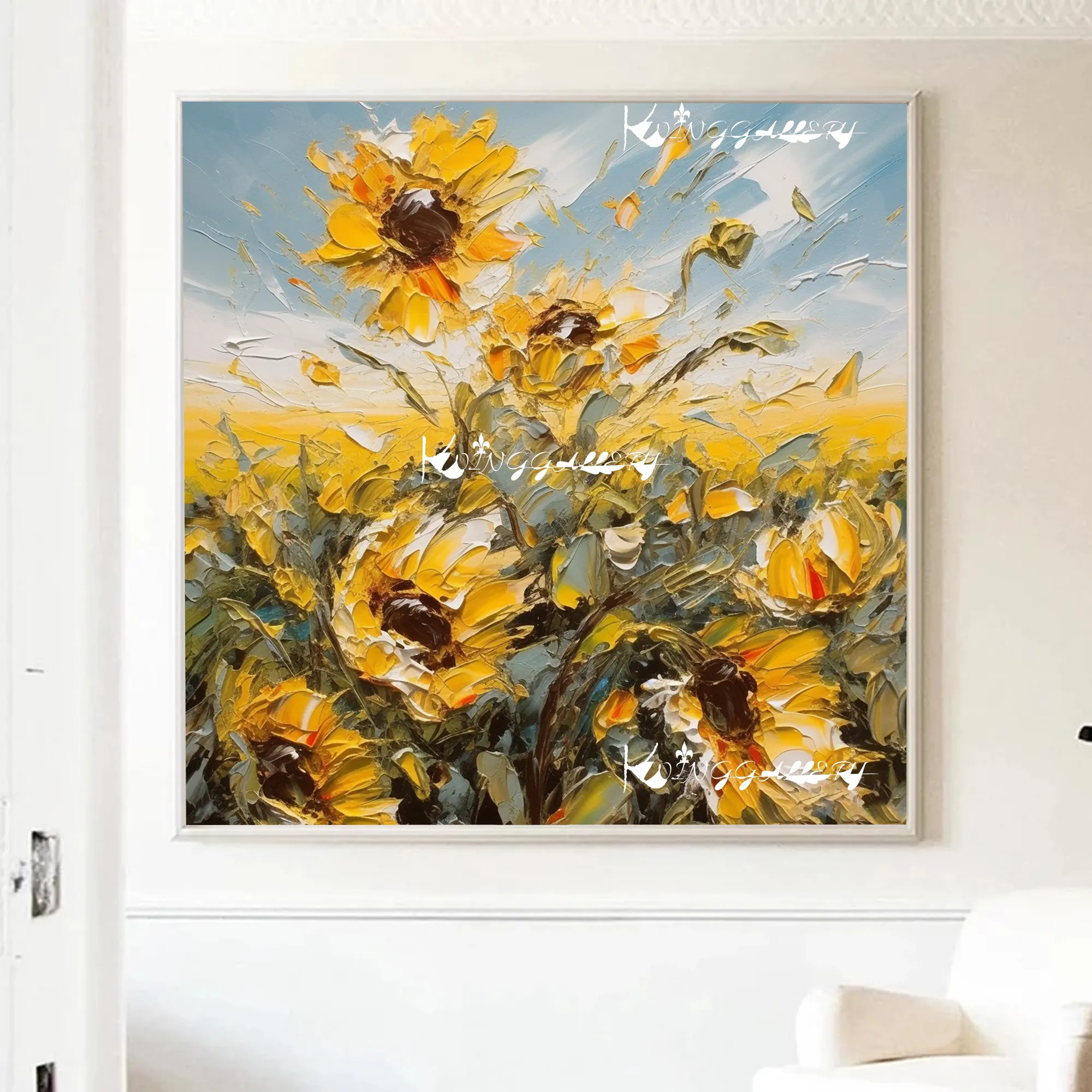Pintura abstrata original de textura de girassol grande, pintura moderna de flores amarelas artesanal, paisagem de girassol