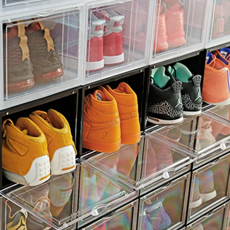 Caixa de armazenamento de sapatos empilhável transparente, sapatos de boxe frontal