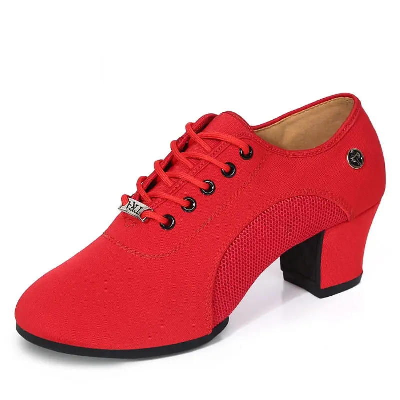 Zapatos de baile de salón para mujer, zapatillas de suela suave de tela para mujer, zapatos de práctica de Tango latino, zapatillas de baile de tacón medio para mujer