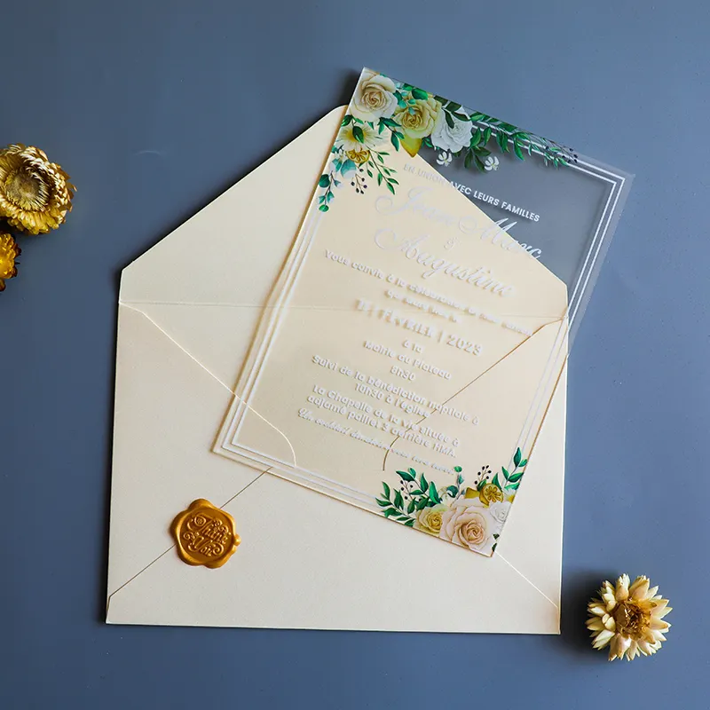 Luxo personalizado UV impresso acrílico claro flor bebê chuveiro nupcial aniversário cartão do convite do casamento com envelope cera adesivo