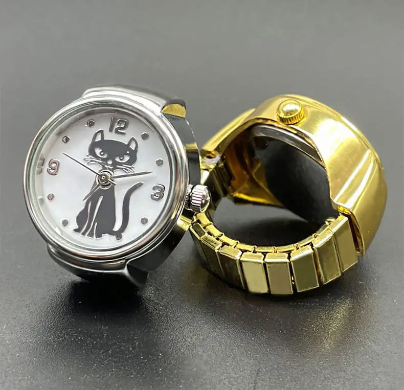 Kleine Quarz-Analog-Fingerahrung mit Zifferblatt für Damen Katze elastische Digital-Mini-Fingerahrung Vintage-Uhr