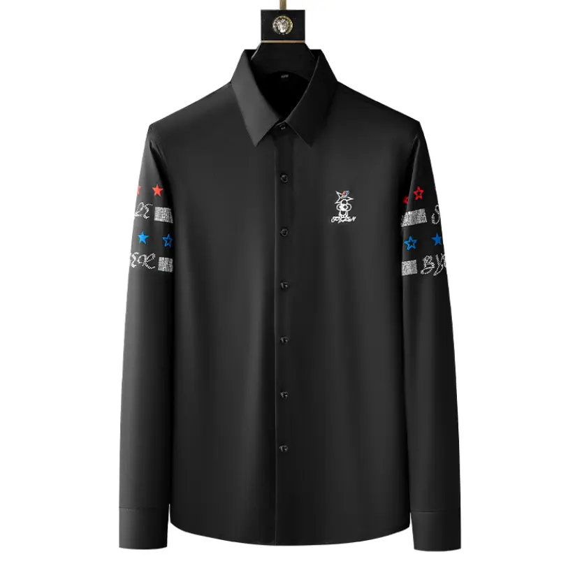 Luxo Rhinestone Camisa bordada para homens Manga Longa Slim Camisa Casual Business Social Camisas Vestido Partido Blusa Smoking 2023