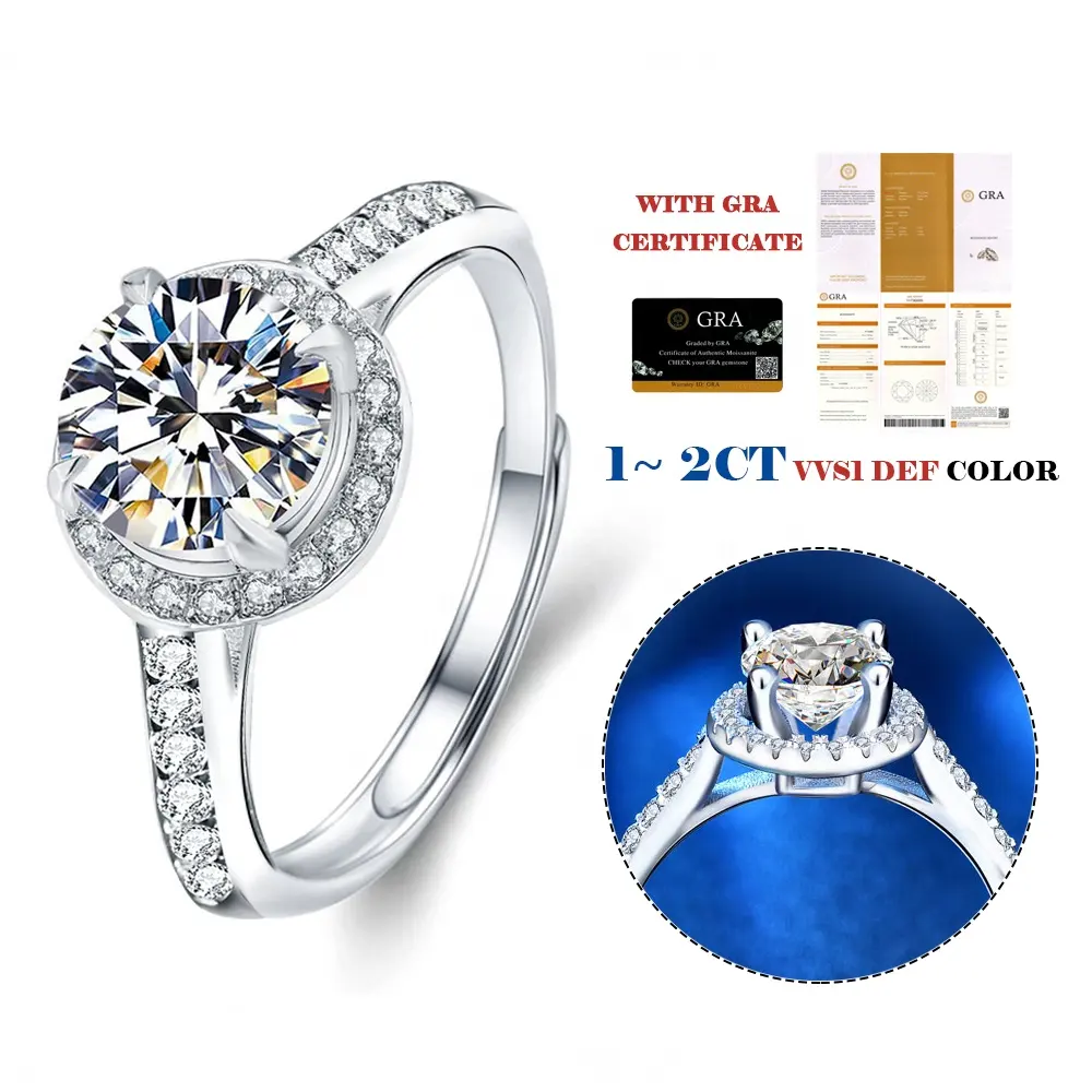 Venta al por mayor VVS1 0.5ct 1.0ct 1.5ct 925 plata esterlina D Color Vintage boda Moissanite diamante anillos de compromiso para mujeres
