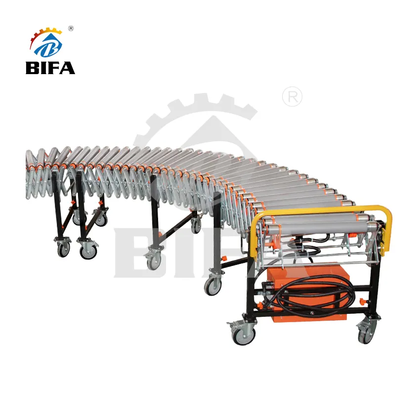 Transportador de rodillos flexible motorizado Bifa Poly Vee para carga en pista