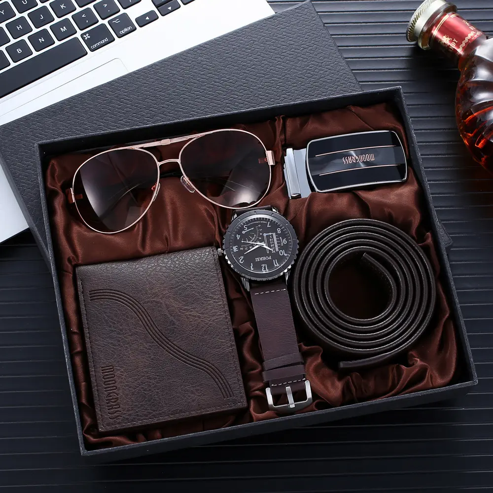 Toptan moda lüks hediye iş kutusu kemer cüzdan gözlük 4 parçalı Set deri kol saati kuvars erkek saatler erkekler için
