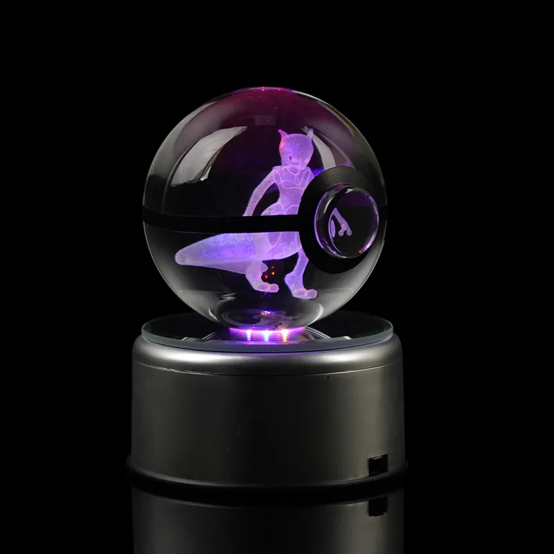 Belle mode Mewtwo Pokemon 3D gravure boule de cristal Pokeball avec base LED cadeaux de noël