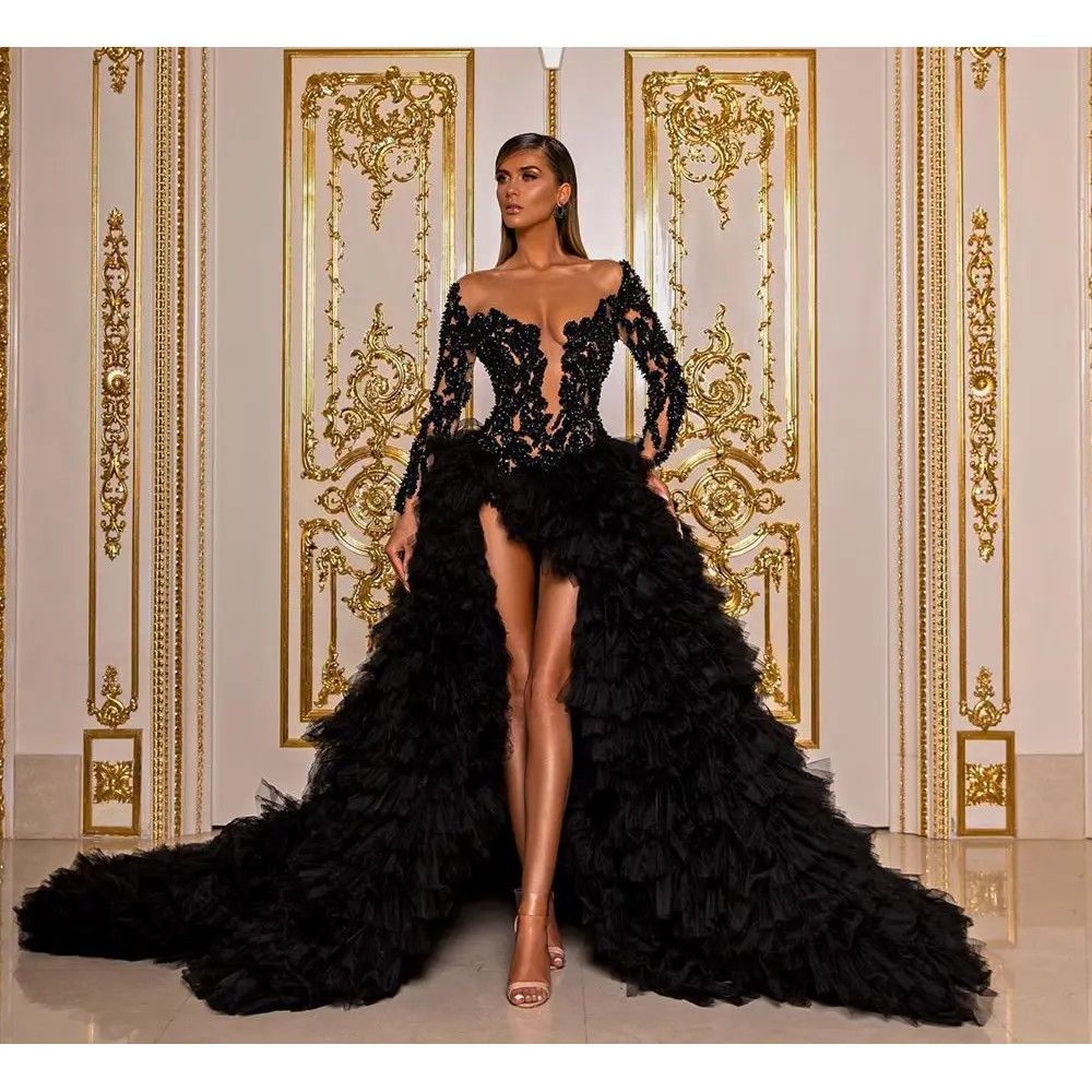 Abiti da sera eleganti di lusso neri maniche lunghe paillettes Appliques Ruffles Hi-Lo Tulle Women Prom Pageant Gowns Custom Made