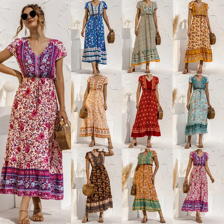 Vestido Hawaiano de verano para el sol bohemio, vendaje fluido, estampado Floral, cuello en V, manga corta, cintura alta, largo, Maxi vestidos de playa para mujer