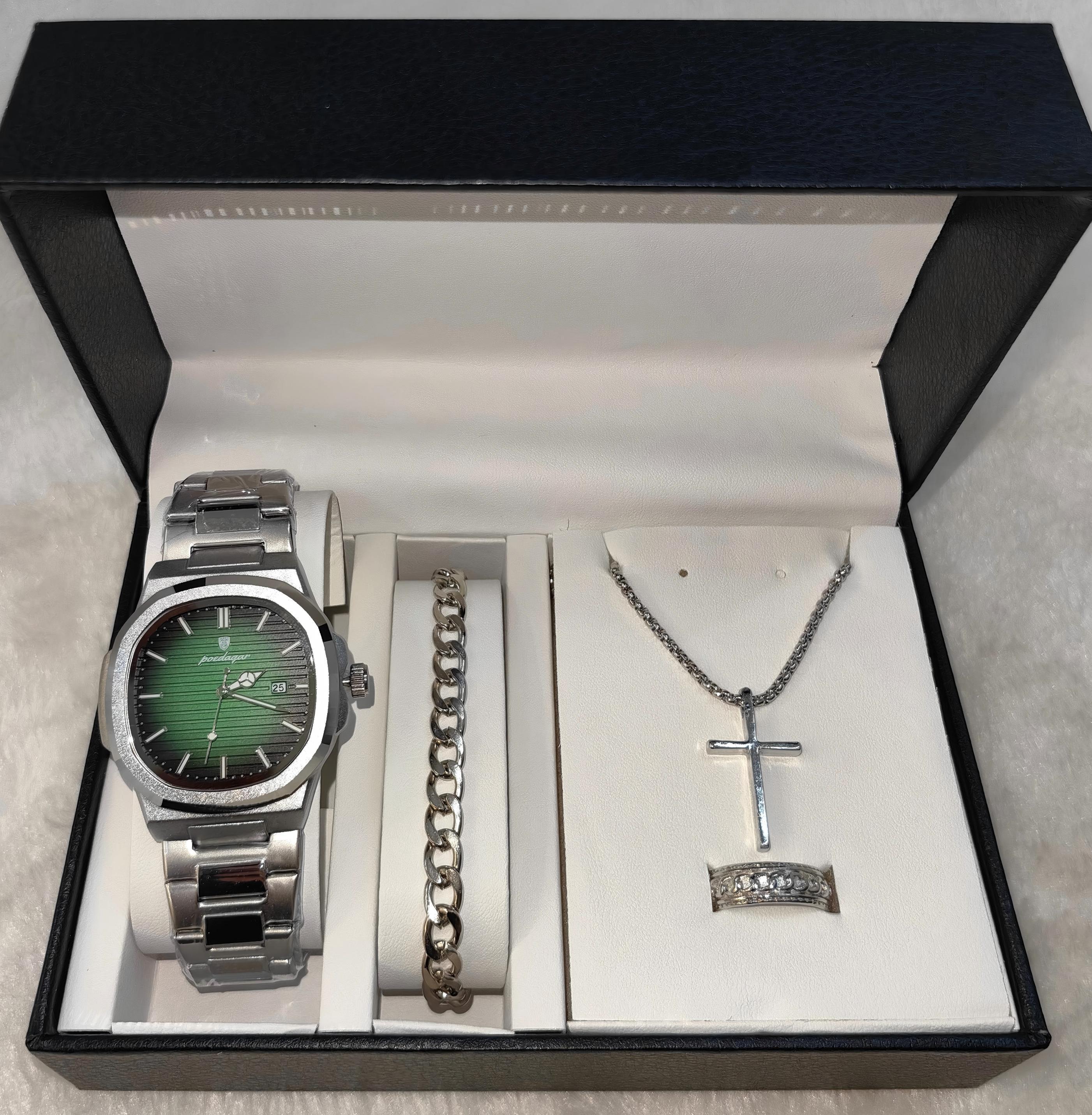 Orologio verde argento + accessori argento + scatola