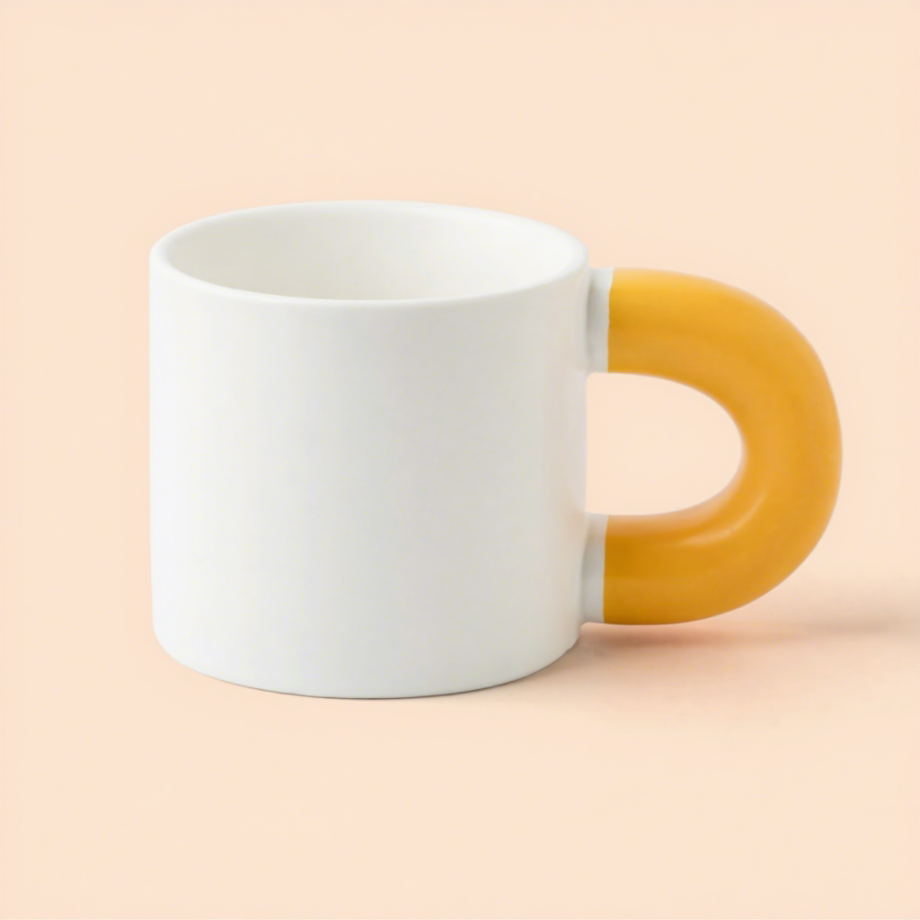 Taza blanca con asa naranja.