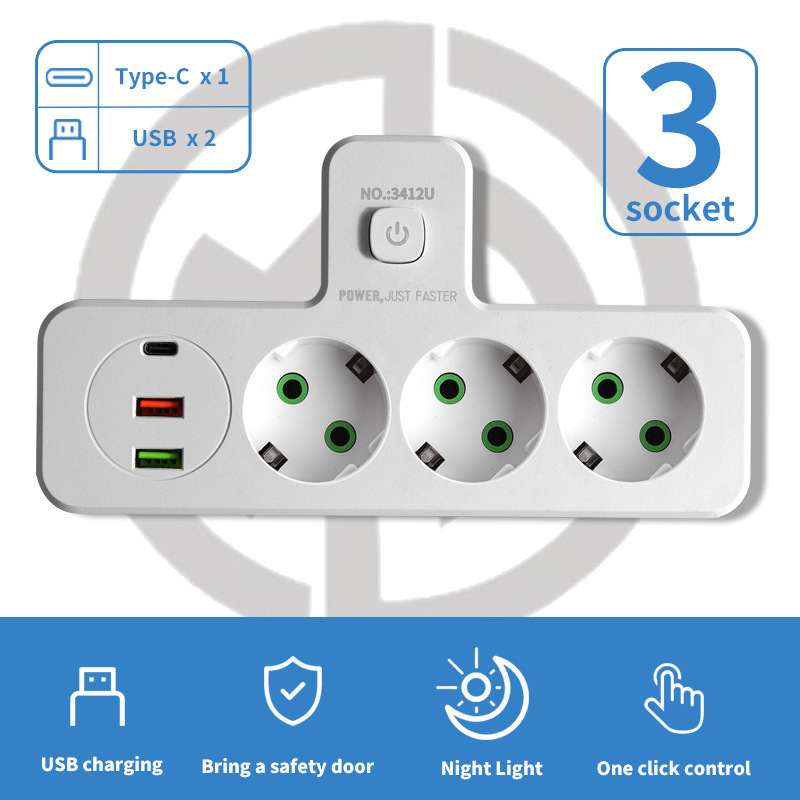 White 3AC+2USB+1 TYPEC