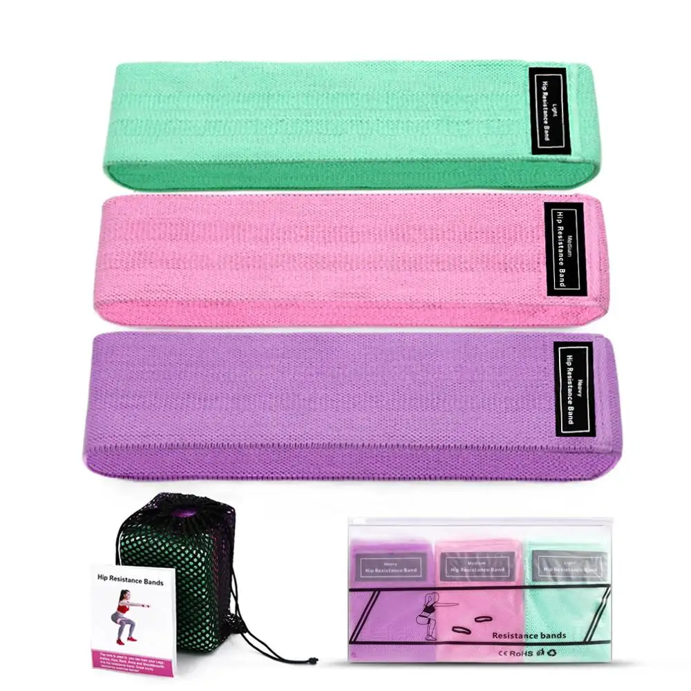 Conjunto de faixas elásticas de tecido fitness para ioga, látex e TPE, com impressão de logotipo personalizado por atacado, 3 peças, tecido resistente, círculo de quadril