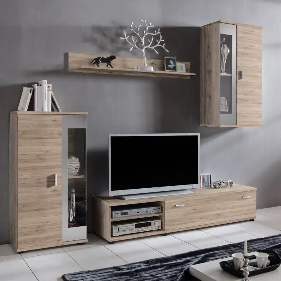 Glosen — meuble TV en bois MDF, design moderne, avec vitrine et vitrine murale