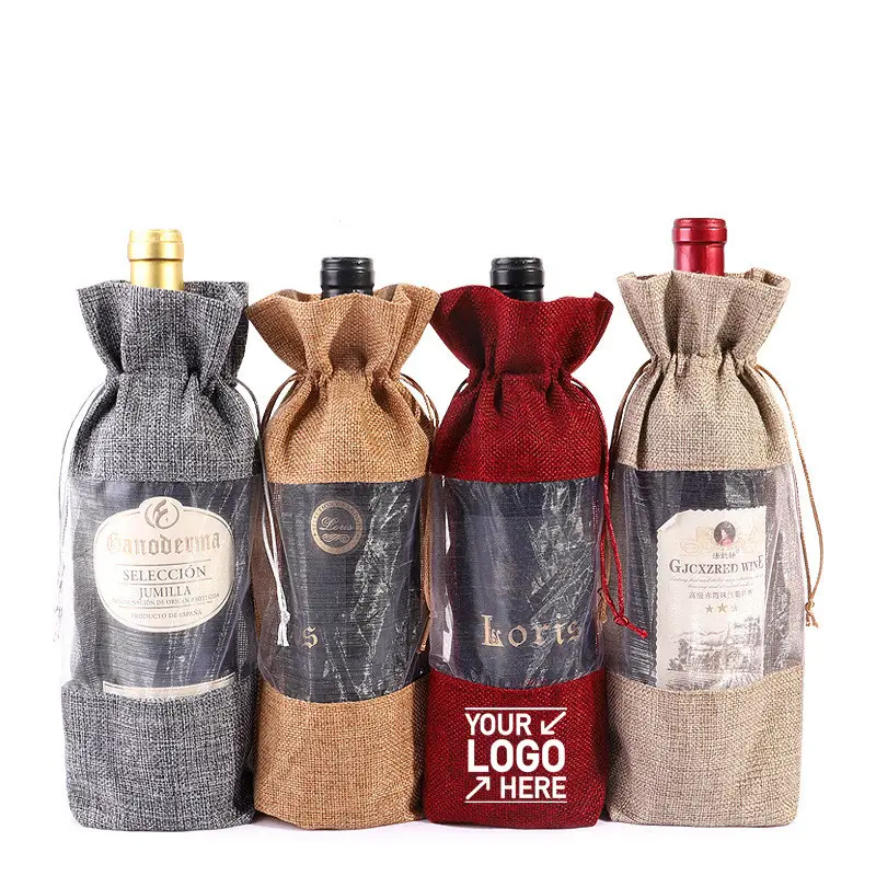 Sacs de Promotion de bouteilles de vin, pochettes en lin avec Logo personnalisable, cordon de serrage, lots de 10 pièces