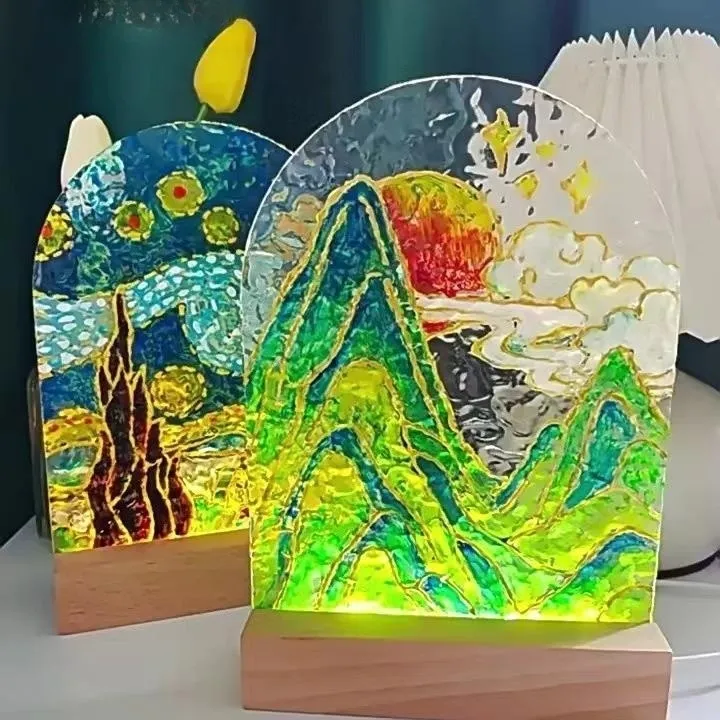 Nuevo regalo creativo de decoración para niños, lámpara de mesa de escritorio con pintura de vidrio Diy, tablero acrílico con ondulación de agua Led, luz de noche de flor de tulipán