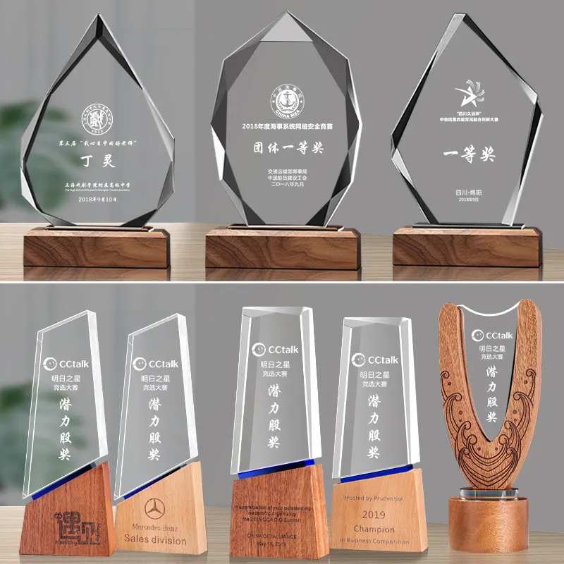 Premios de trofeo de madera de vidrio blanco, base de madera para regalos de graduación o regalo de recuerdo de lujo