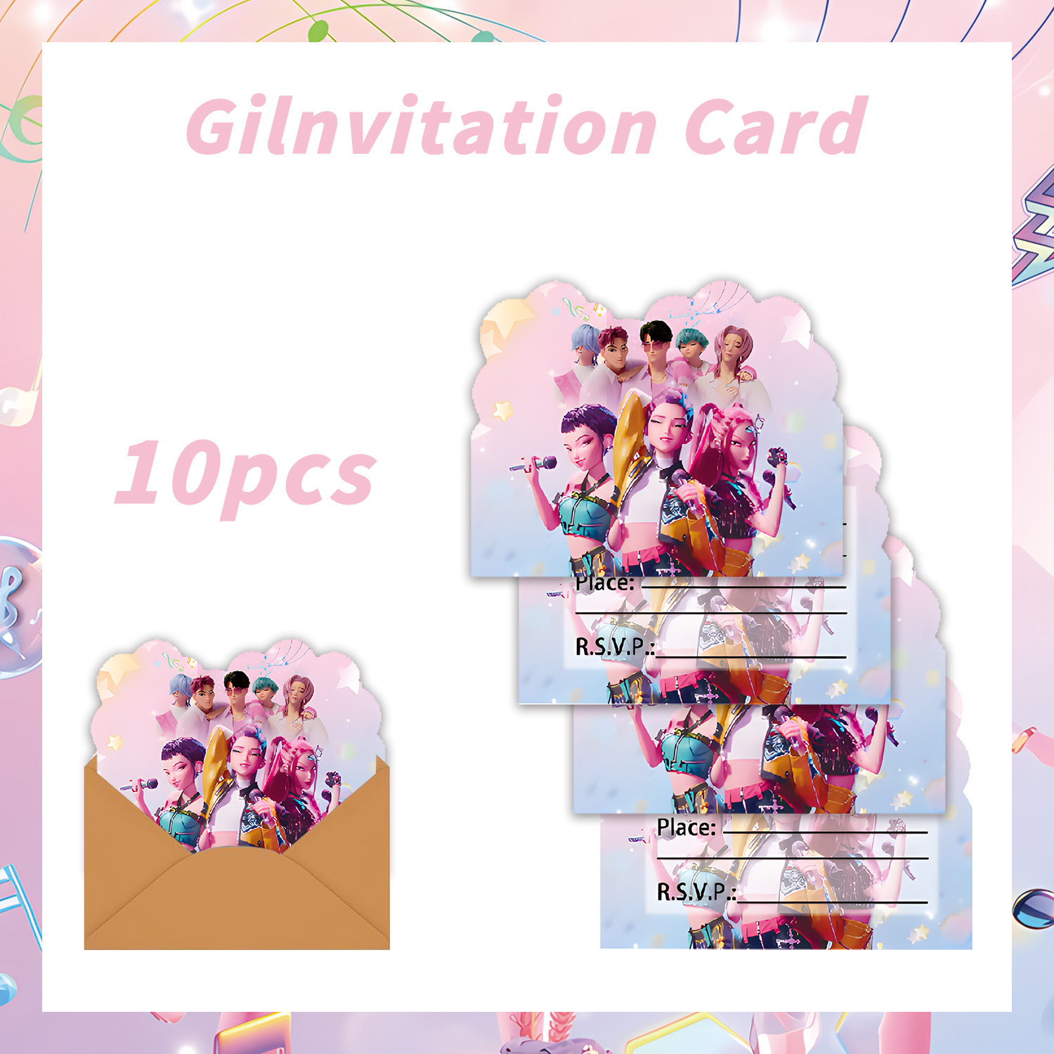 Carte d'invitation rose, lot de 10 - Thème chasse aux sorcières
