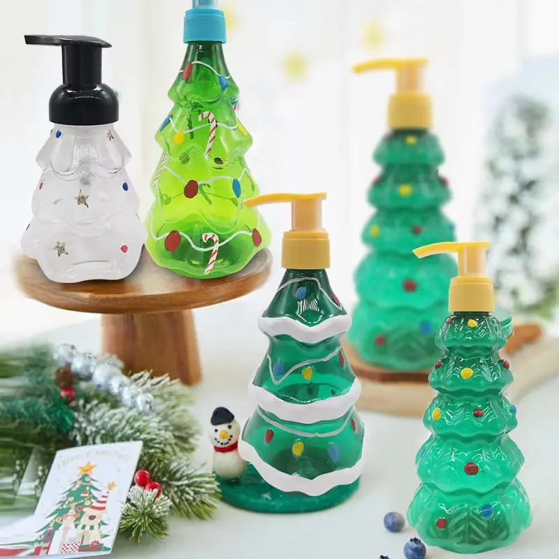 Botella de plástico verde personalizable con forma de árbol de Navidad, bonito envase de jabón líquido para manos, 200ml