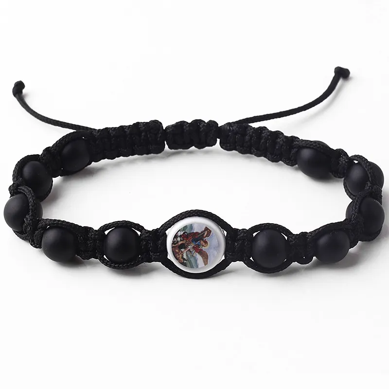 Cuentas de vidrio mate de 8mm para hombres, pulsera de tejido de St.Michael ajustable, color negro