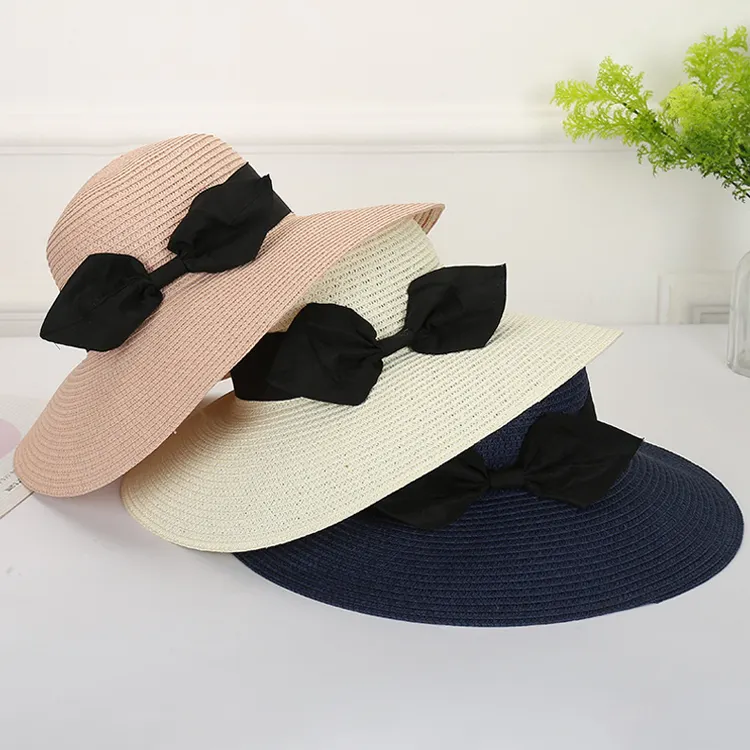 Nuevos sombreros de paja de verano para mujer, sombrero para el sol con lazo, gorra de paja de moda al por mayor personalizada