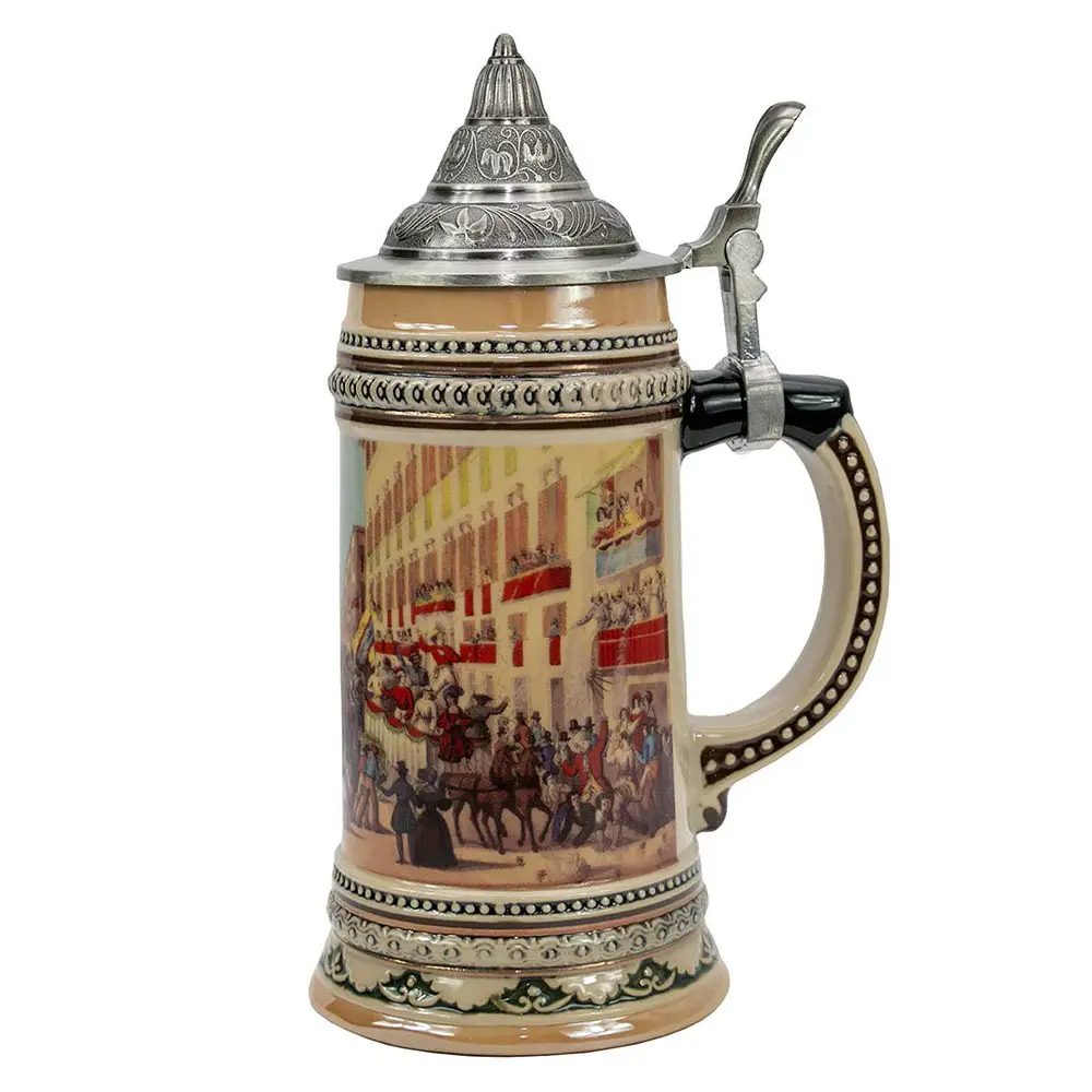 Viva carnevale scene of 19th century European street decor-cerveza alemana de cerámica con tapa de Metal