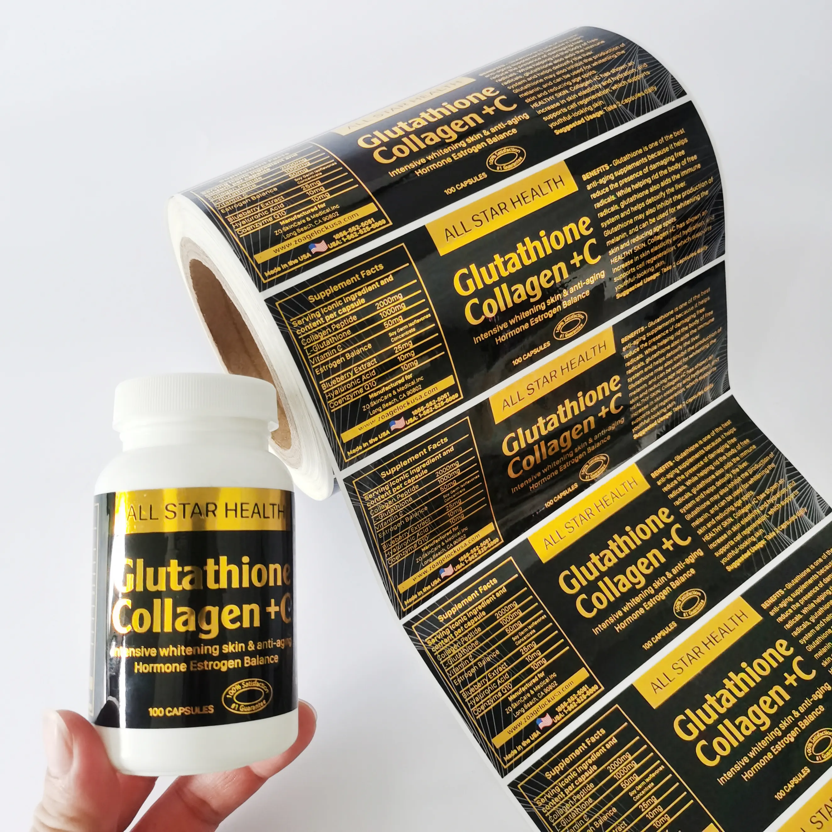 Op Maat Gemaakte Vitamine Fles Verpakking Label Ontwerp Solgar Etiqueta Goud Folie Sticker Aangepaste Etiketten Voor Supplement Flessen