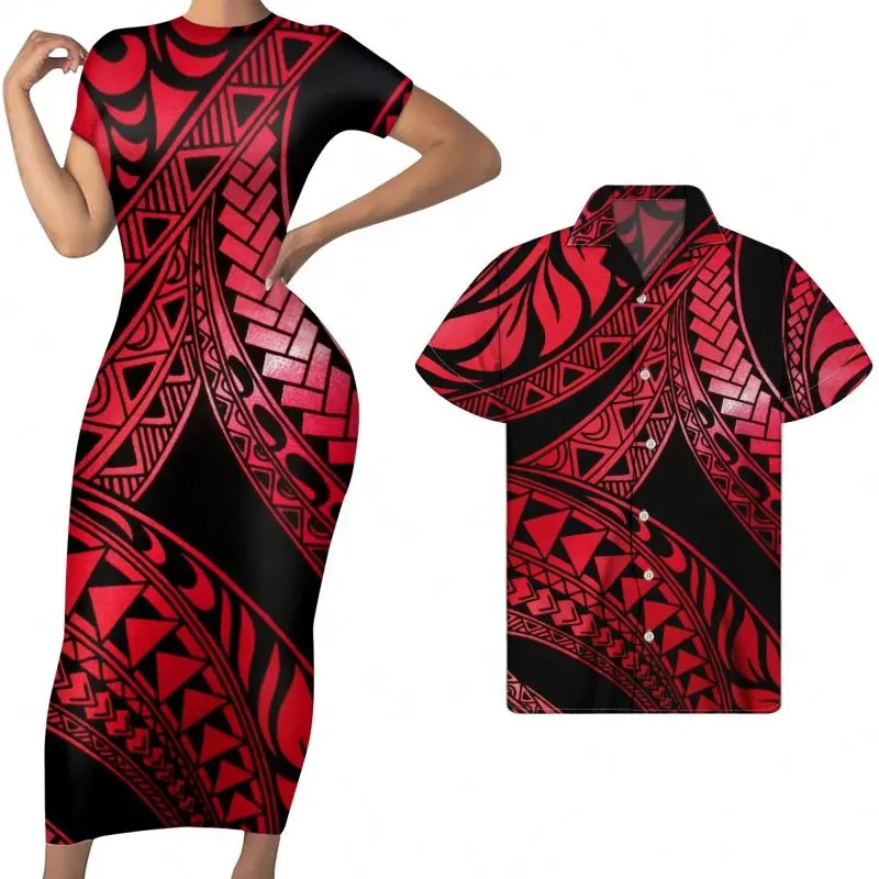 בעל ואישה בגדים אדום שחור Origina שבטי פולינזי מותאם אישית הדפסת נשים הקיץ ארוך שמלה עם שרוול קצר התאמה גברים
