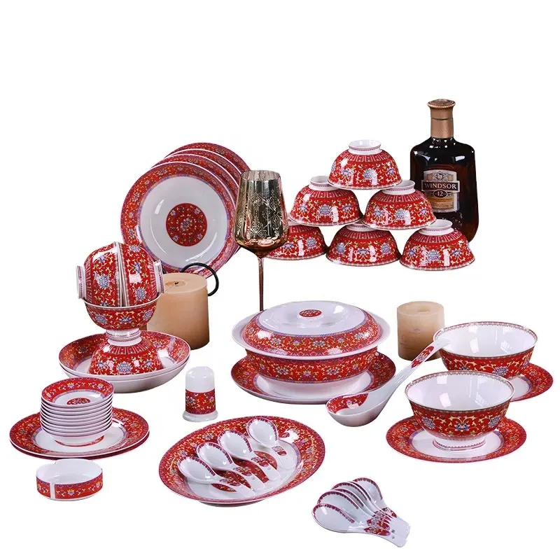 Набор для свадебной керамической посуды, посуды, ложек и посуды 56 штук красная розовая посуда