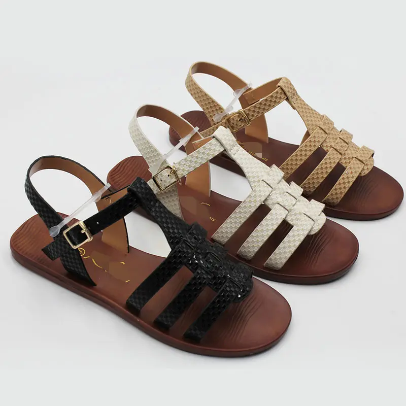 Sandalias romanas de gladiador para mujer, chanclas de fondo plano, de un dedo, color negro, 2023