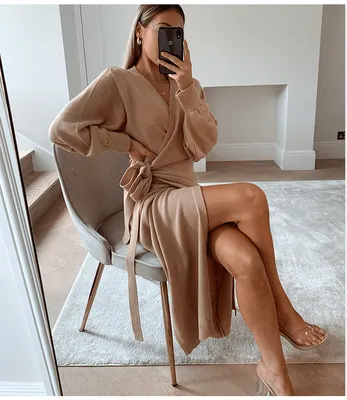 Autumn And Winter Sexy Lace-up Long-sleeved Split Long Skirt Women's V-neck Solid Color Sweater Wrap Skirt
