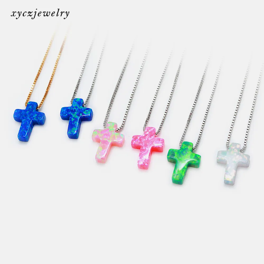 Fashion Cross Opal Pendants 925 Sterling Silver 5 Colors Cross Synthetic Pendant Necklaces