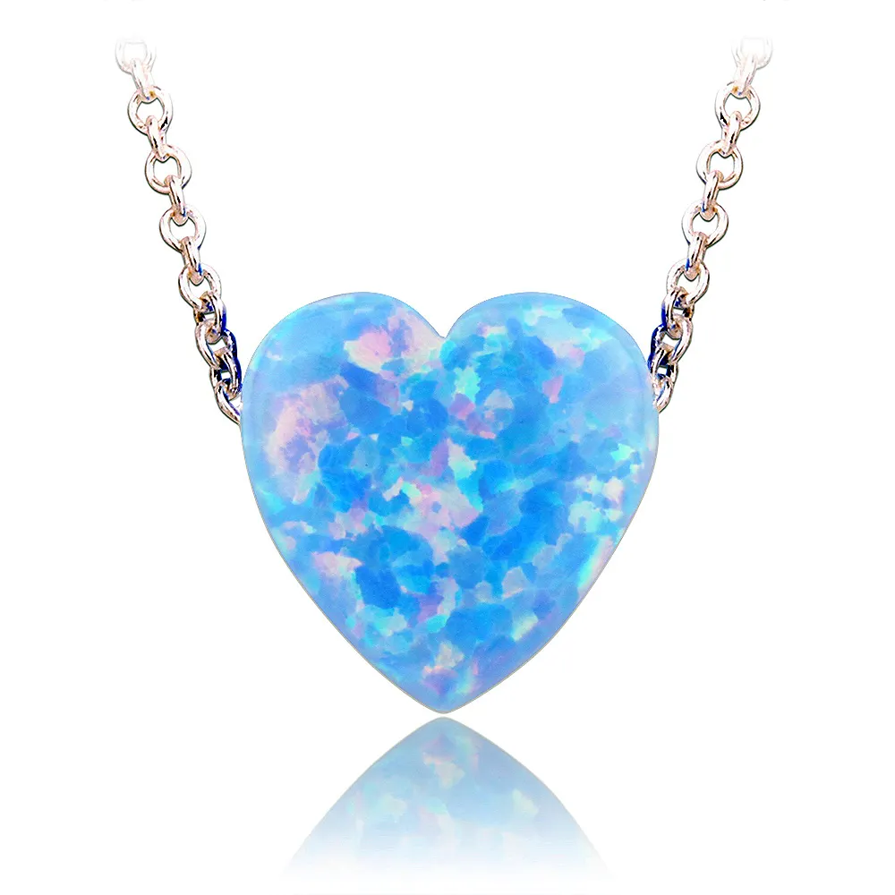 2024 Популярная синяя цепочка в виде сердца, синтетический хороший огненный опал, 10 мм, синяя подвеска в форме сердца, ожерелье из латуни
