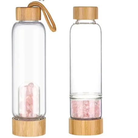Natural Crystal Infused Glass Getränk Wasser flasche Bambus deckel Edelstein Wasser flasche mit Kristall innen