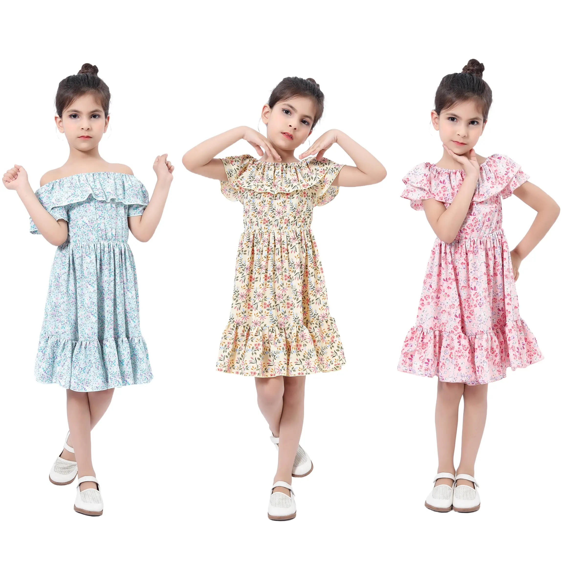 Moda abbigliamento per adolescenti motivo floreale ragazze vestono abiti per bambini in poliestere con spalle scoperte abito estivo