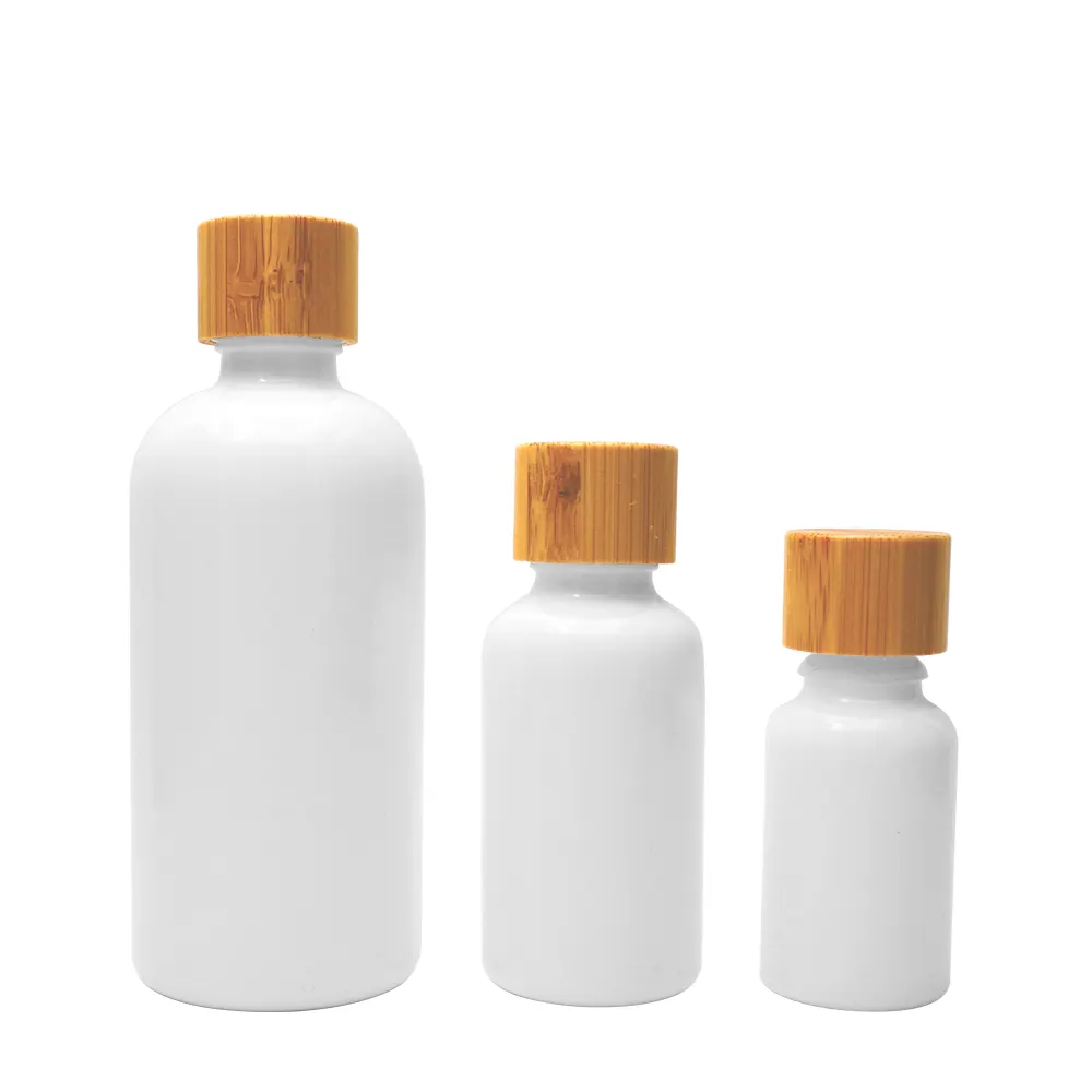 Botella de plástico blanco con tapa de bambú para loción, 15ml, 30ml, 4oz, 5oz