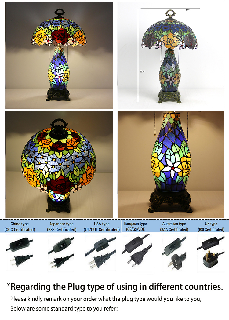LongHuiJing Tiffany Style Stained Glass Table Lamp Rose Flower Desk Lamps Accent Light