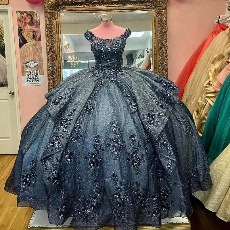 Mumuleo negro brillante Scoop princesa Quinceañera vestido de baile apliques fuera del hombro 15th vestido de fiesta apliques dulce 16 vestido