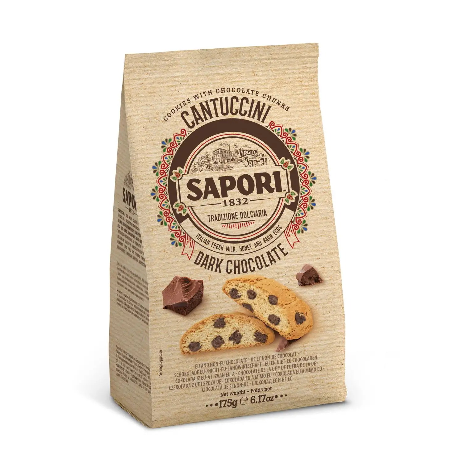 Dark Chocolate Tuscan Dream-Cantuccini SAPORI avec des morceaux de Choco 175Gx10pz - Experience Breakfast, the Italian Way