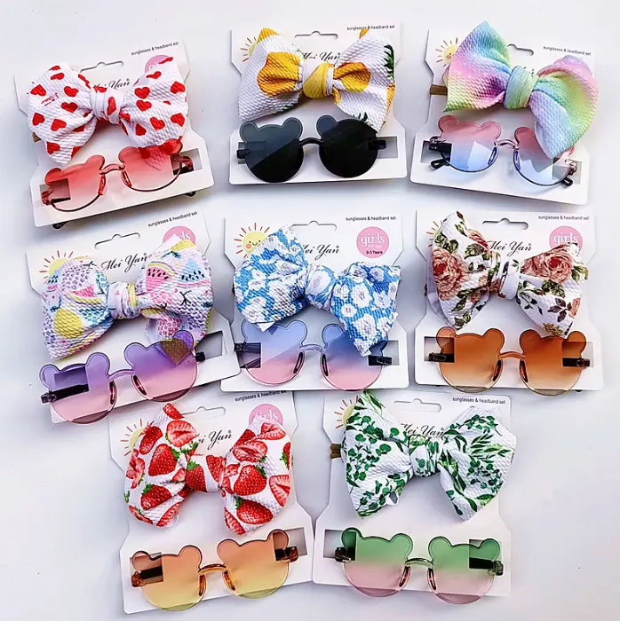 Simpatici occhiali da sole a fiore Cartoon anti-uv 2 pz/set per bambini oggetti di scena per foto regalo per bambine occhiali da sole e fiocco Set di fasce per capelli