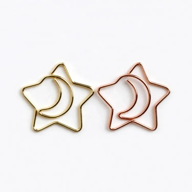 OEM klip kertas desain star-moon warna emas bentuk pesanan kecil klip logam
