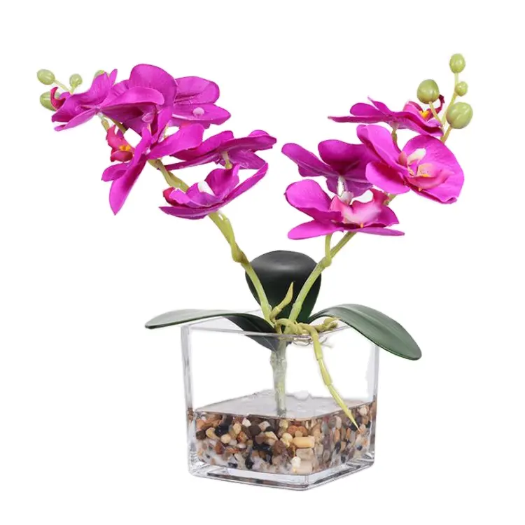 Orquídeas artificiales en maceta, plantas Phalaenopsis decorativas para el hogar, flor de Orquídea de seda con jarrón de vidrio, agua falsa, nuevo diseño 2022