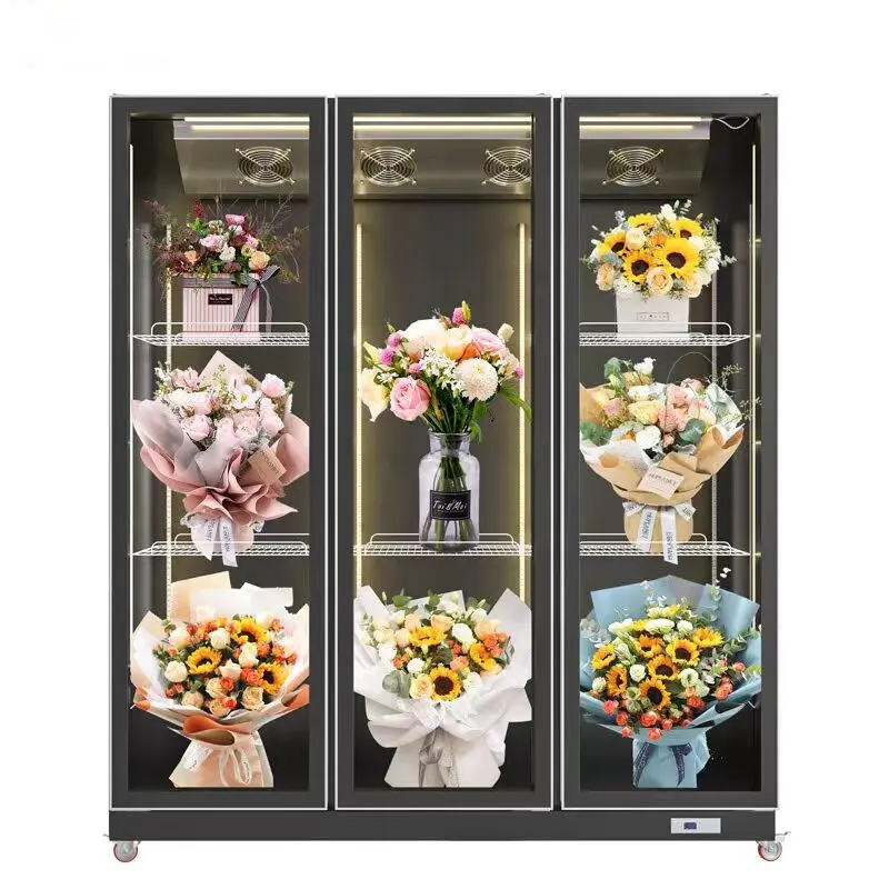 Enfriador de exhibición de flores frescas, escaparate de refrigerador transparente de 3 puertas de vidrio